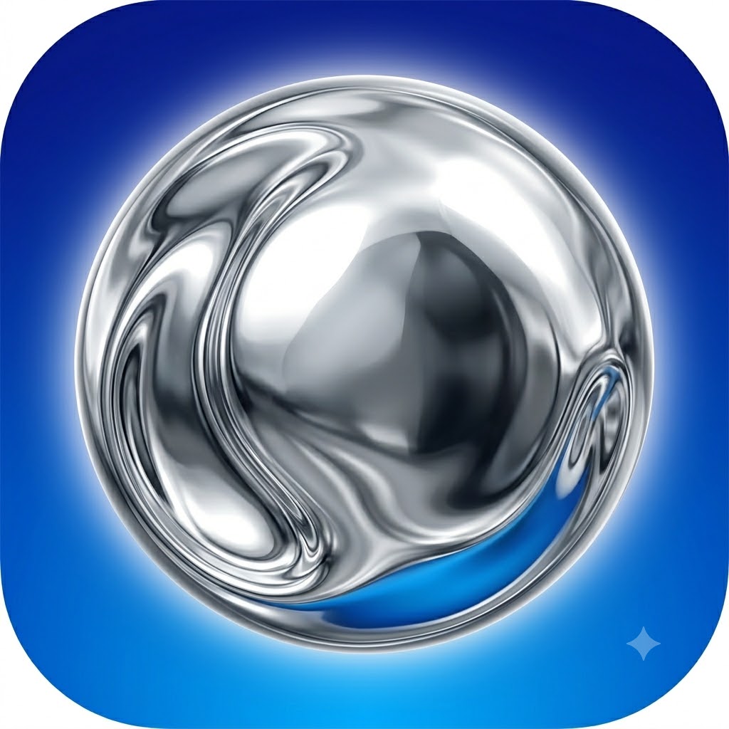 Liquid Pill app icon — a swirling sphere of liquid metal
